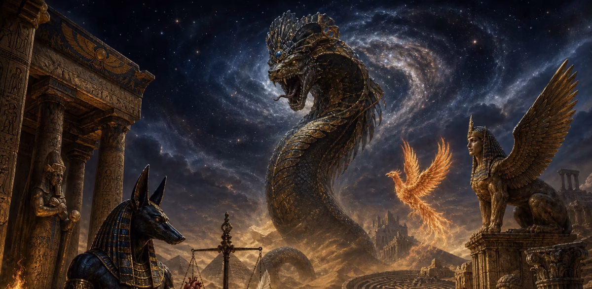 An epic editorial-style mythological scene showing the intersection of ancient Egyptian and Greek monsters in one surreal composition: a colossal serpentine chaos deity rising from desert sands under a starry night sky, a winged sphinx and a labyrinth silhouette in the background, a jackal-headed judge and a scarab beetle near a feather-and-scale afterlife tribunal, a phoenix-like Bennu bird glowing with rebirth, and subtle hybrid details blending Egyptian and Greek aesthetics. Include monumental ruins, hieroglyphic stonework, marble fragments, torchlight, drifting sand, and dramatic celestial light. Dark, cinematic atmosphere with rich gold, lapis blue, obsidian, and deep crimson tones, highly detailed, painterly realism, museum-quality fantasy illustration, wide composition, no text, no borders, no logos.