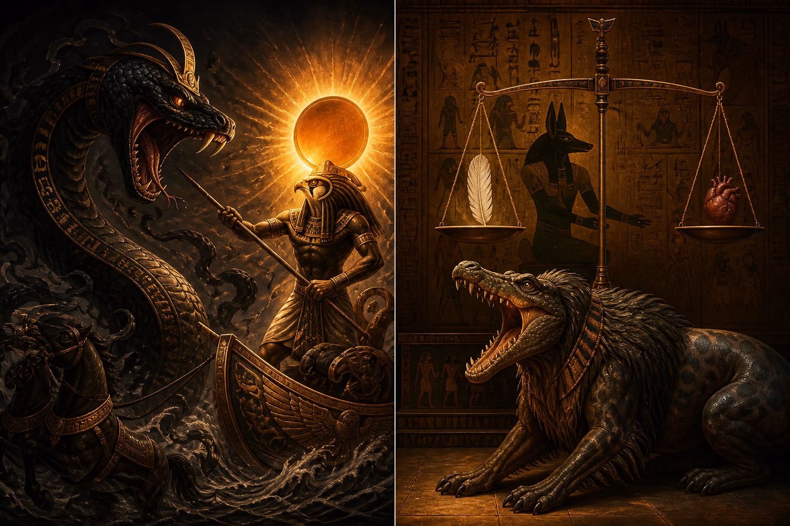 Apep, a serpentine deity, was the embodiment of chaos and darkness. Each night,