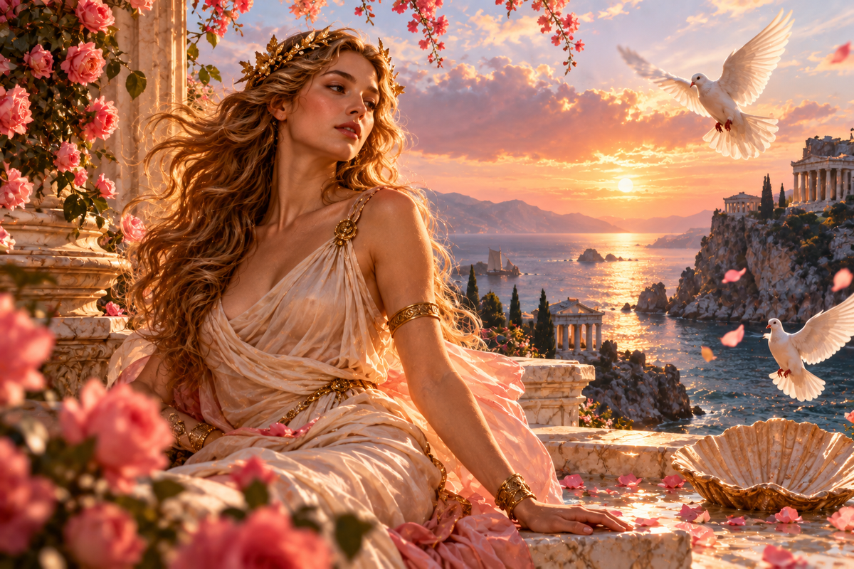 Aphrodite, Greek goddess of love and beauty, on a rose-filled marble terrace above the Mediterranean