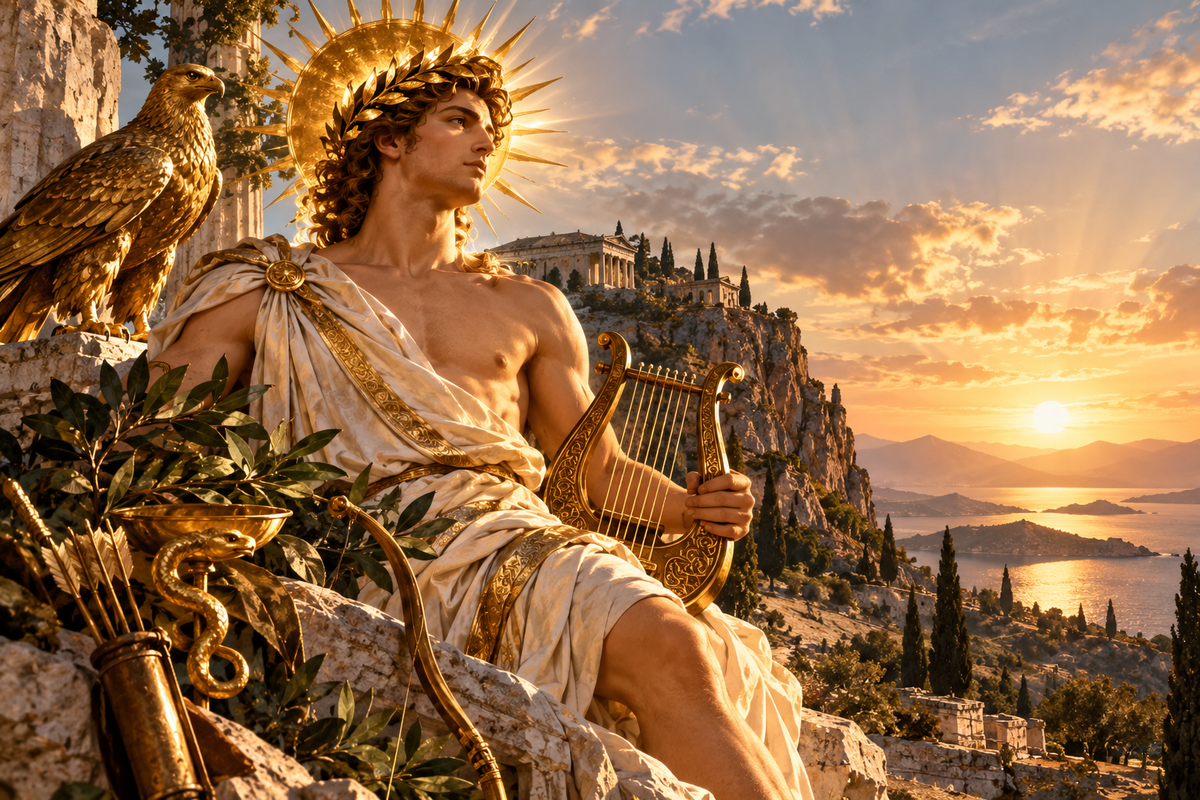 Apollo, Greek god of music, prophecy, and healing, with a lyre and laurel above a classical Greek sanctuary