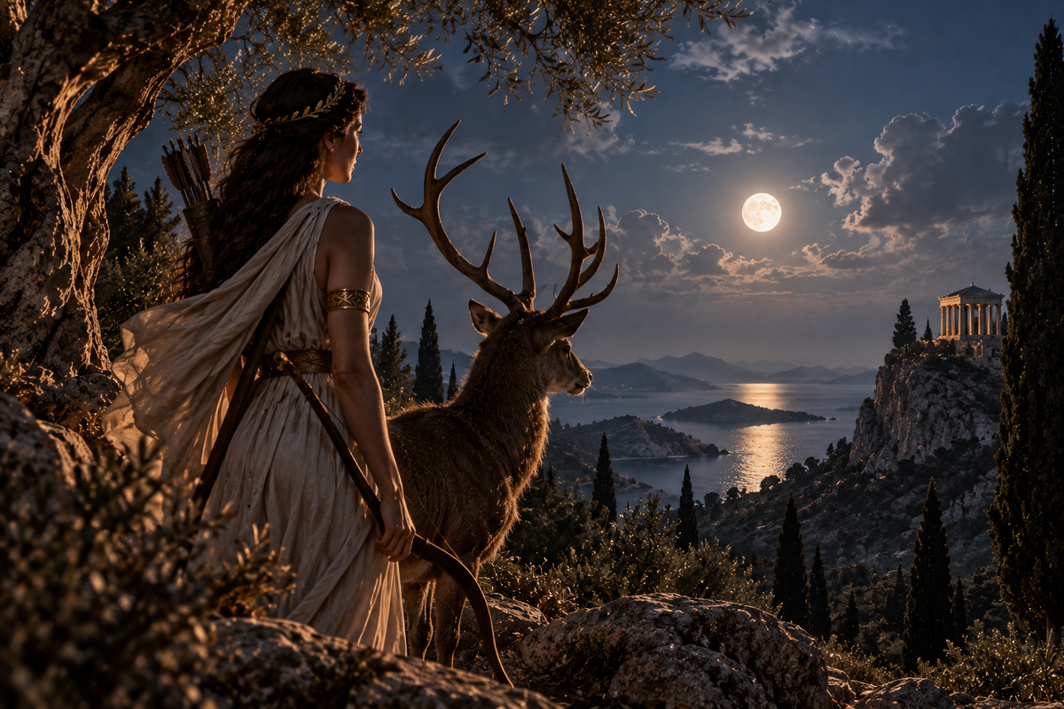 Artemis-like huntress and stag beside ancient Greek ruins under the moon