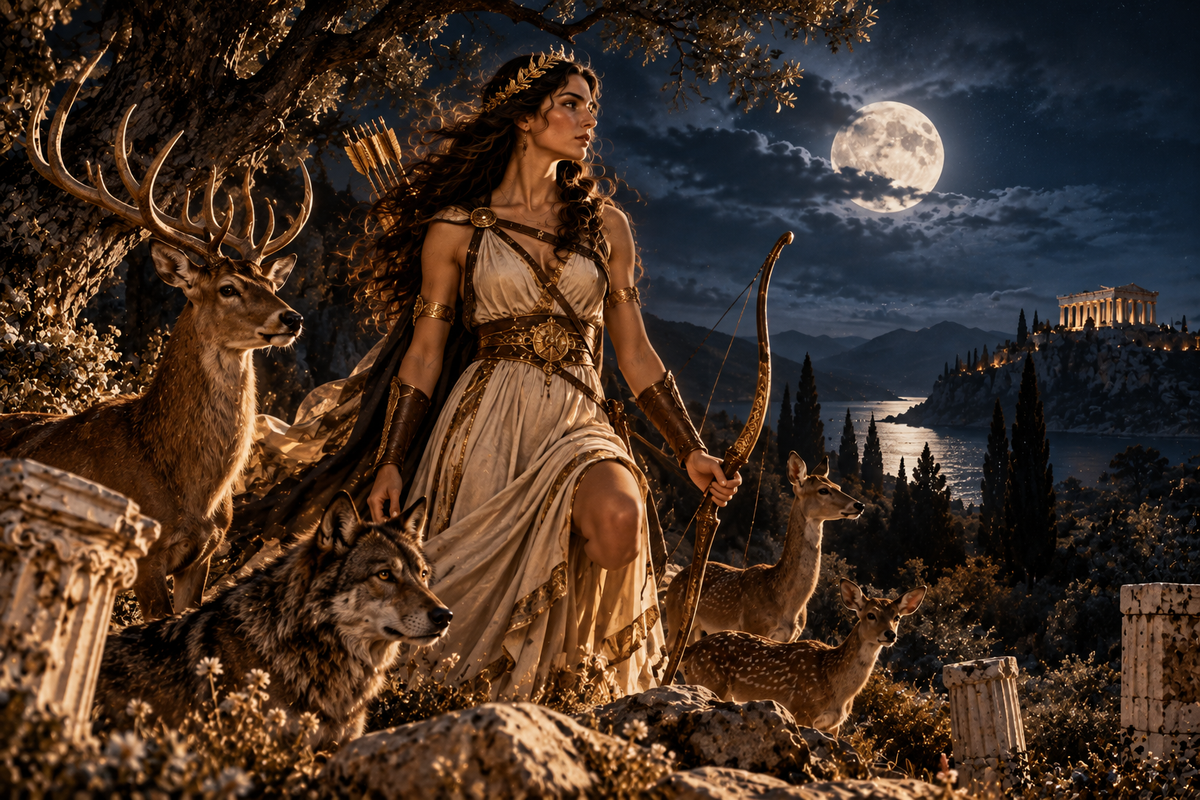 Artemis, Greek goddess of the hunt and wild animals, with a bow, stag, deer, and wolf beneath the full moon