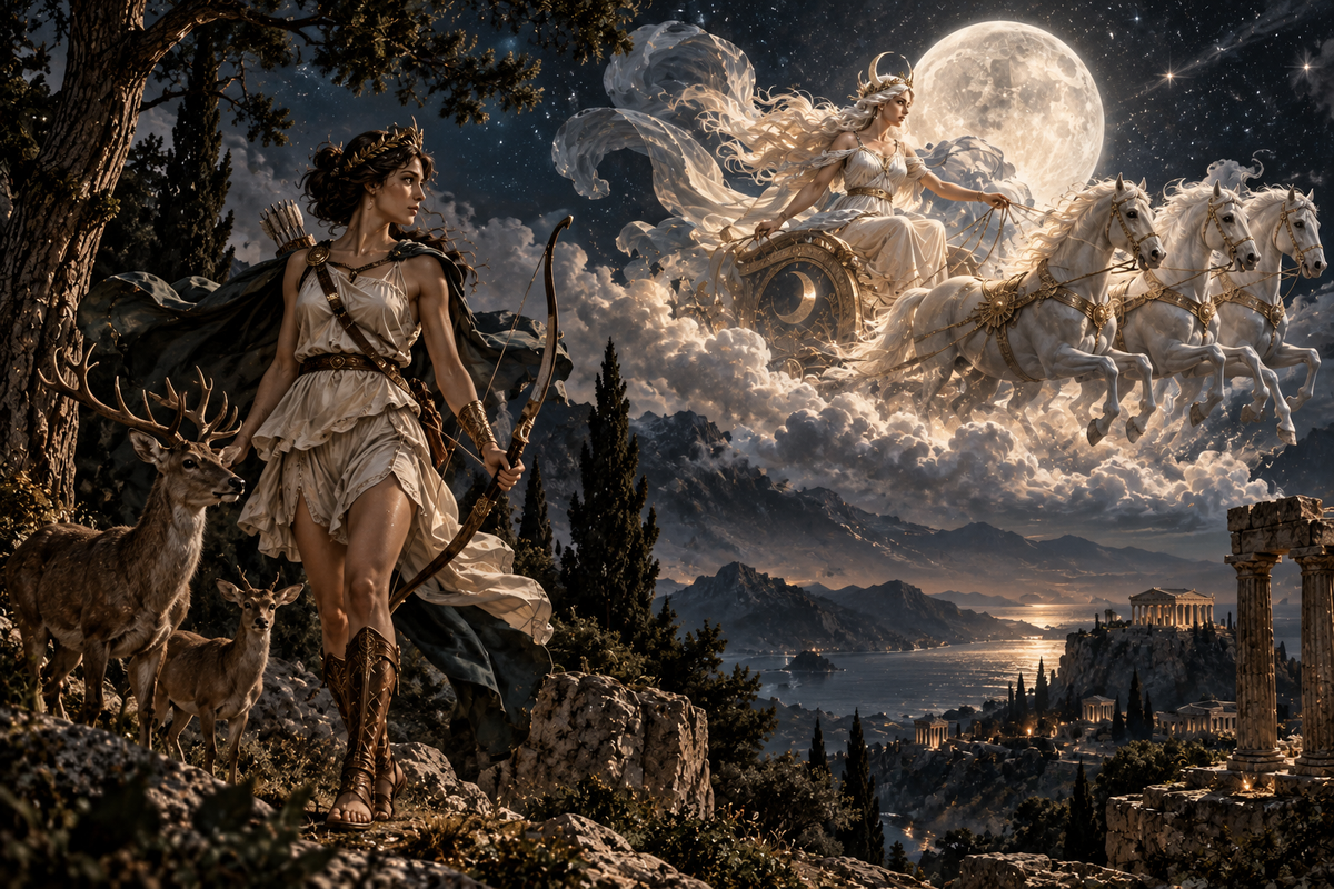 Artemis and Selene shown through their different moon associations, with Artemis in a hunting forest and Selene driving a moon chariot