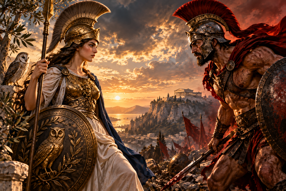 Athena and Ares face each other in a dramatic Greek landscape, contrasting strategic warfare with battle fury
