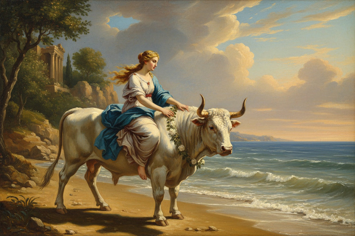 The Woman Europa on the White Bull - The Legend of Zeus Greek God in Disguise