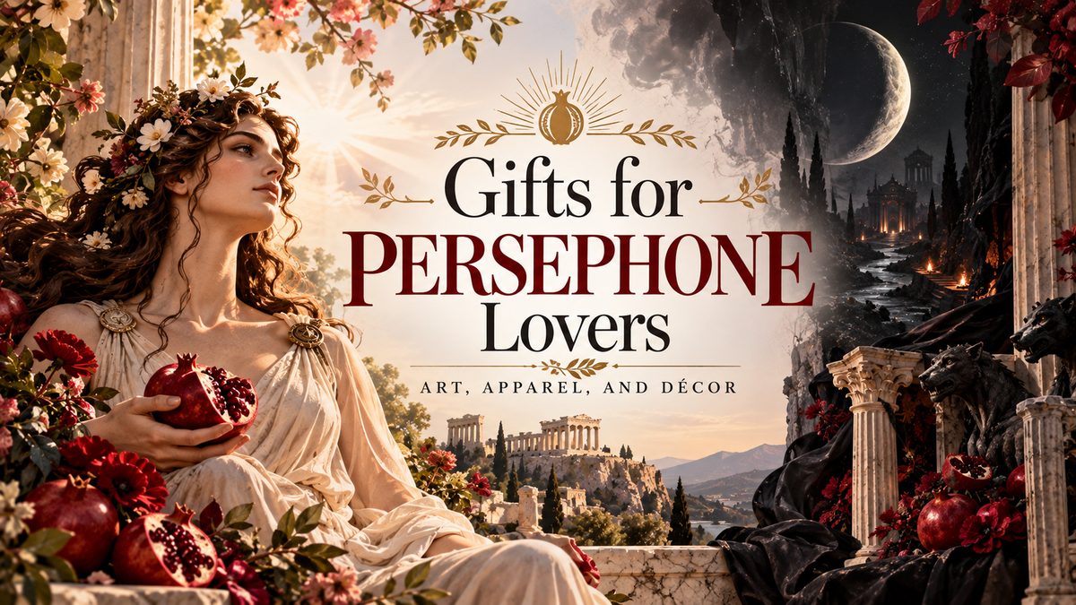 Gifts for Persephone lovers featuring the goddess, pomegranates, flowers, and the Underworld