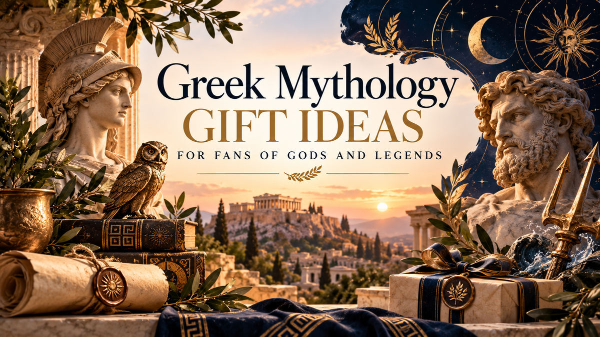 Greek mythology gift ideas featuring Greek statues, an owl, laurel branches, and an ancient Athens landscape