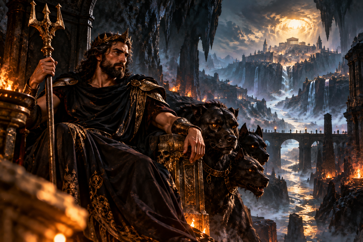Hades, Greek god of the Underworld, seated beside Cerberus in his shadowed realm