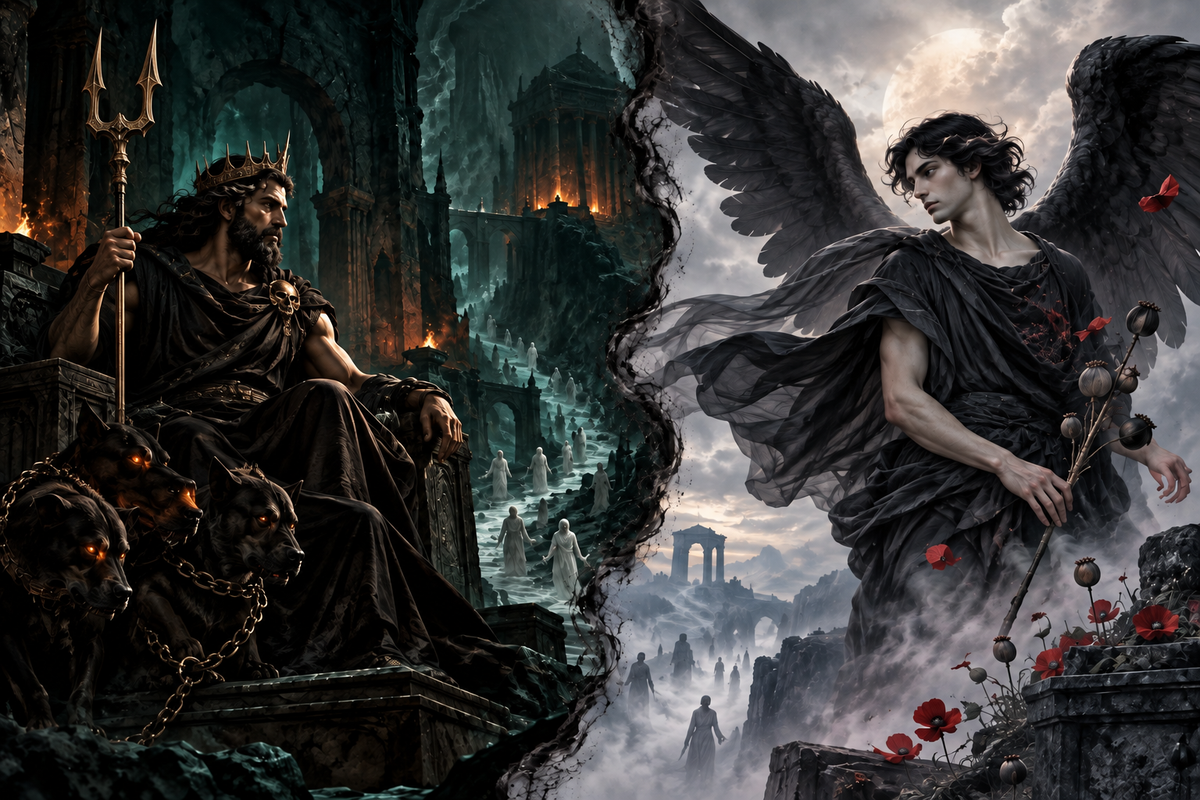 Hades and Thanatos represented in contrasting realms of the Greek afterlife, showing the ruler of the dead beside the personification of death