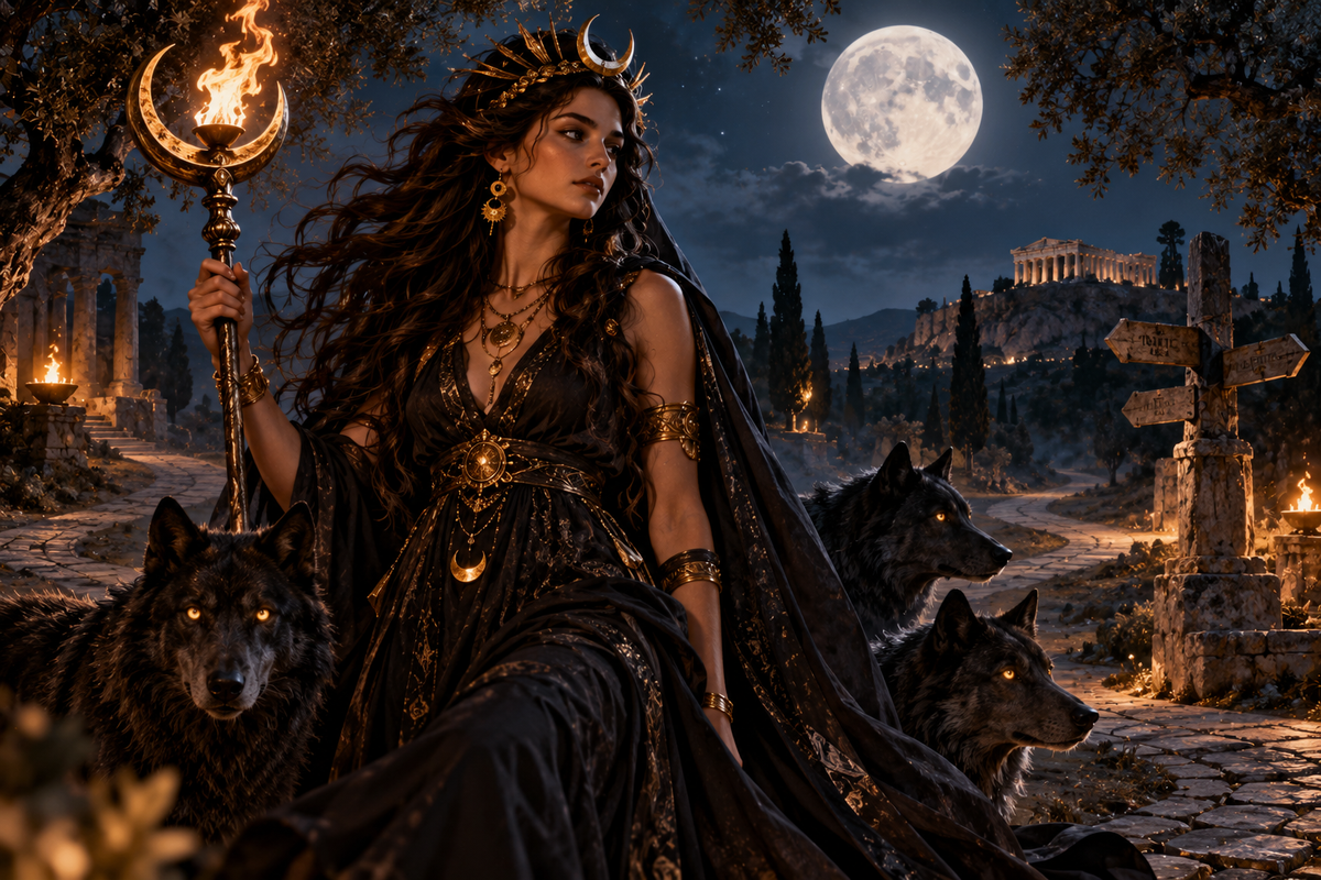 Hecate, Greek goddess associated with magic and crossroads, standing beneath a full moon with torches and black dogs
