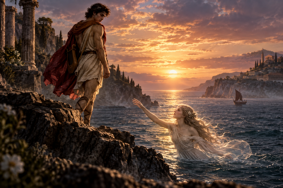 Myth-inspired lovers separated by a glowing sea beneath a dramatic Mediterranean sunset