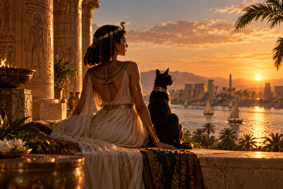Myth-inspired Egyptian river valley and temples at sunset