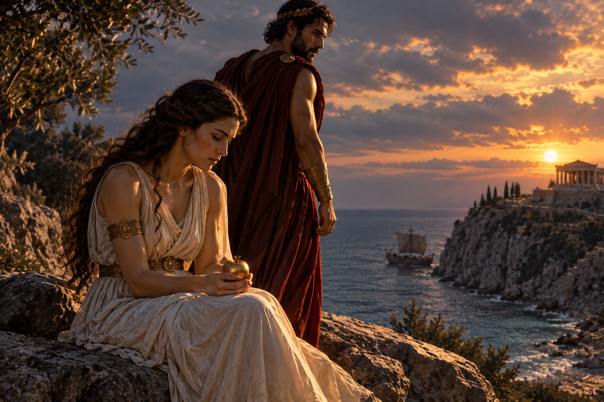 Myth-inspired Greek legend scene with a golden apple and a coastal pair at sunset