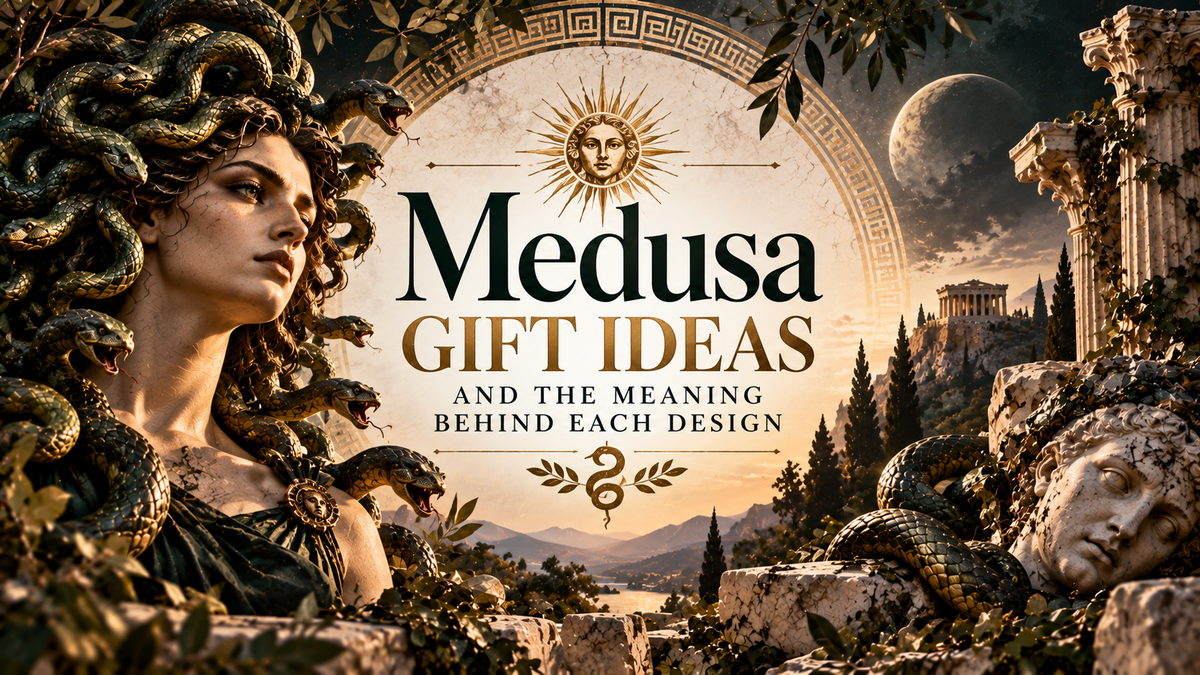 Medusa gift ideas surrounded by snakes, Greek ruins, and Medusa-inspired mythology imagery