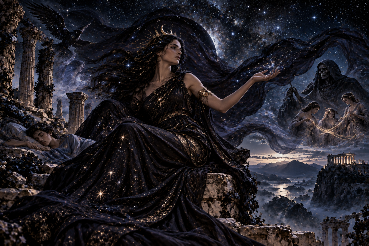 Nyx, the primordial Greek goddess of night, beneath a star-filled sky with Sleep, Death and the Fates