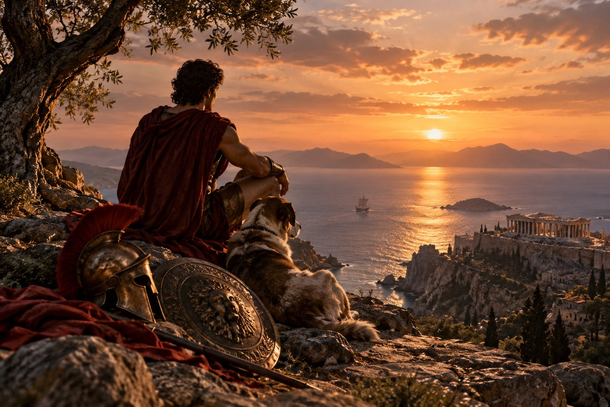 A myth-inspired warrior and loyal hound overlooking an ancient sea at sunset