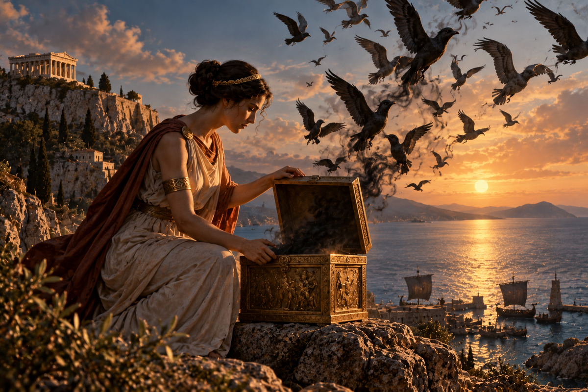 Pandora opening an ornate vessel as dark birds rise over an ancient Mediterranean coast