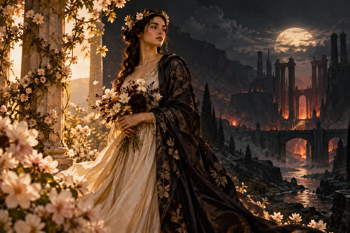 Persephone between a sunlit spring garden and the shadowed realm of the Underworld
