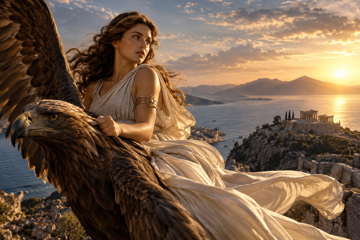 Myth-inspired Greek hero and woman overlooking a sunlit Mediterranean coast