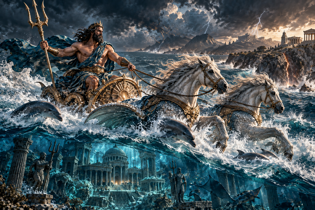 Poseidon, Greek god of the sea, horses, and earthquakes, riding a chariot through stormy waves with dolphins and ancient Greek ruins