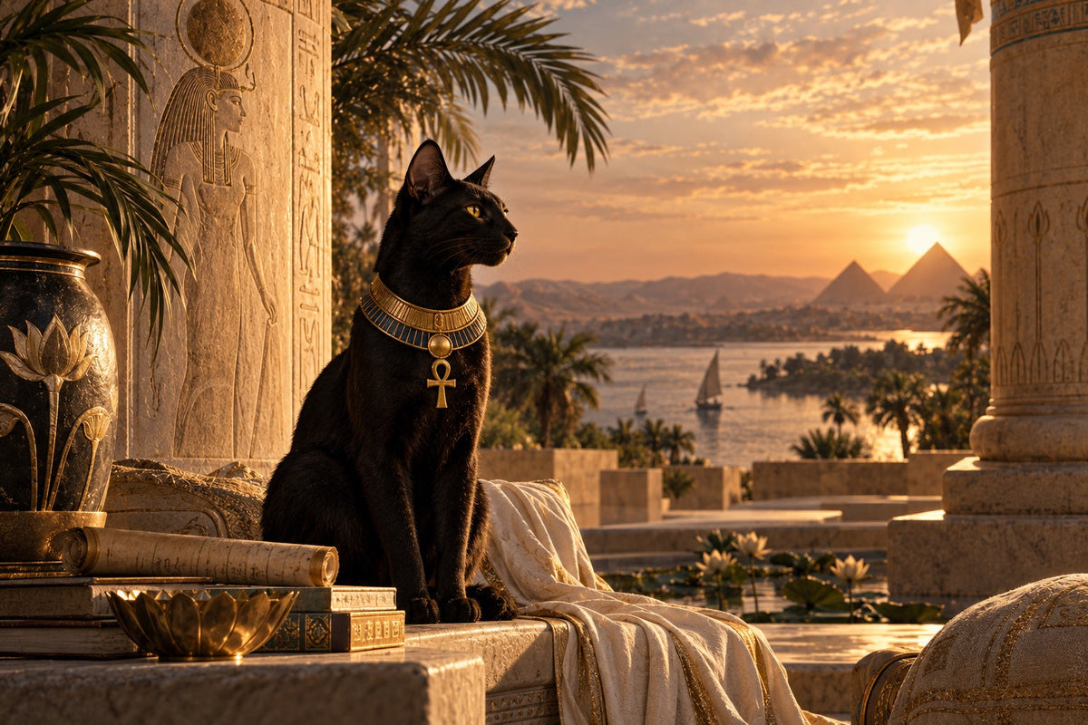 Decorative Egyptian mythology scene with a black cat, carved temple reliefs, lotus flowers, papyrus and pyramids at sunset