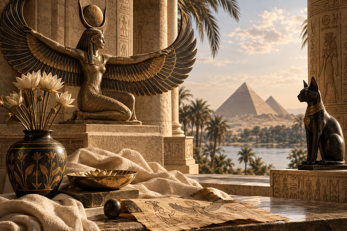Egyptian mythology inspired editorial scene with a winged goddess, lotus flowers, papyrus and pyramids in warm museum light