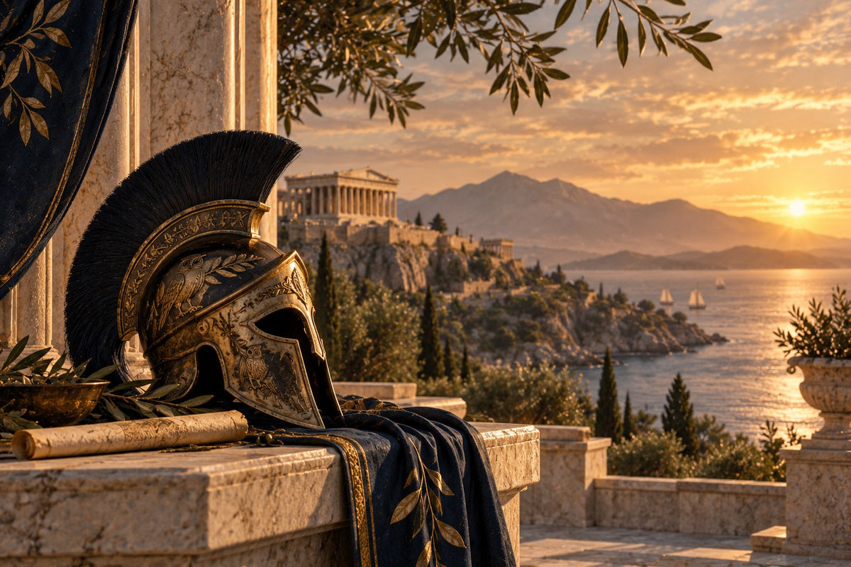 Decorative Greek-inspired terrace with a bronze helmet, olive branches, marble and a glowing Mediterranean coast at sunset