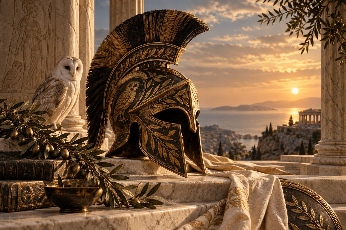 Decorative Greek mythology scene with an owl-crested helmet, olive branches, marble columns and a Mediterranean sunset