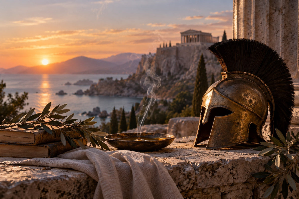 Decorative Greek-inspired stone terrace with olive branches, classical architecture, books and a bronze helmet at sunset