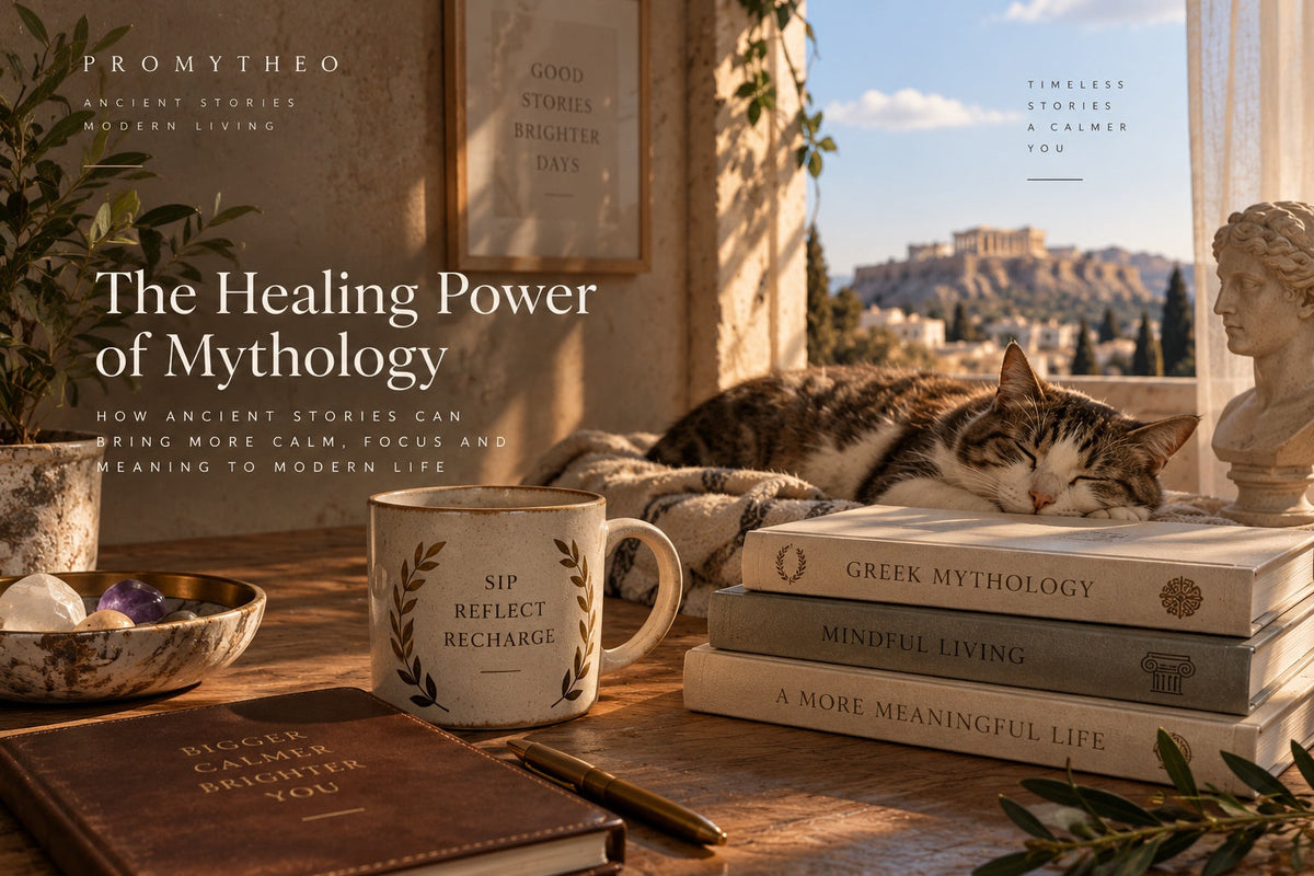 Decorative ancient-inspired ritual scene with warm stone, olive branches and a calm coastal sunset