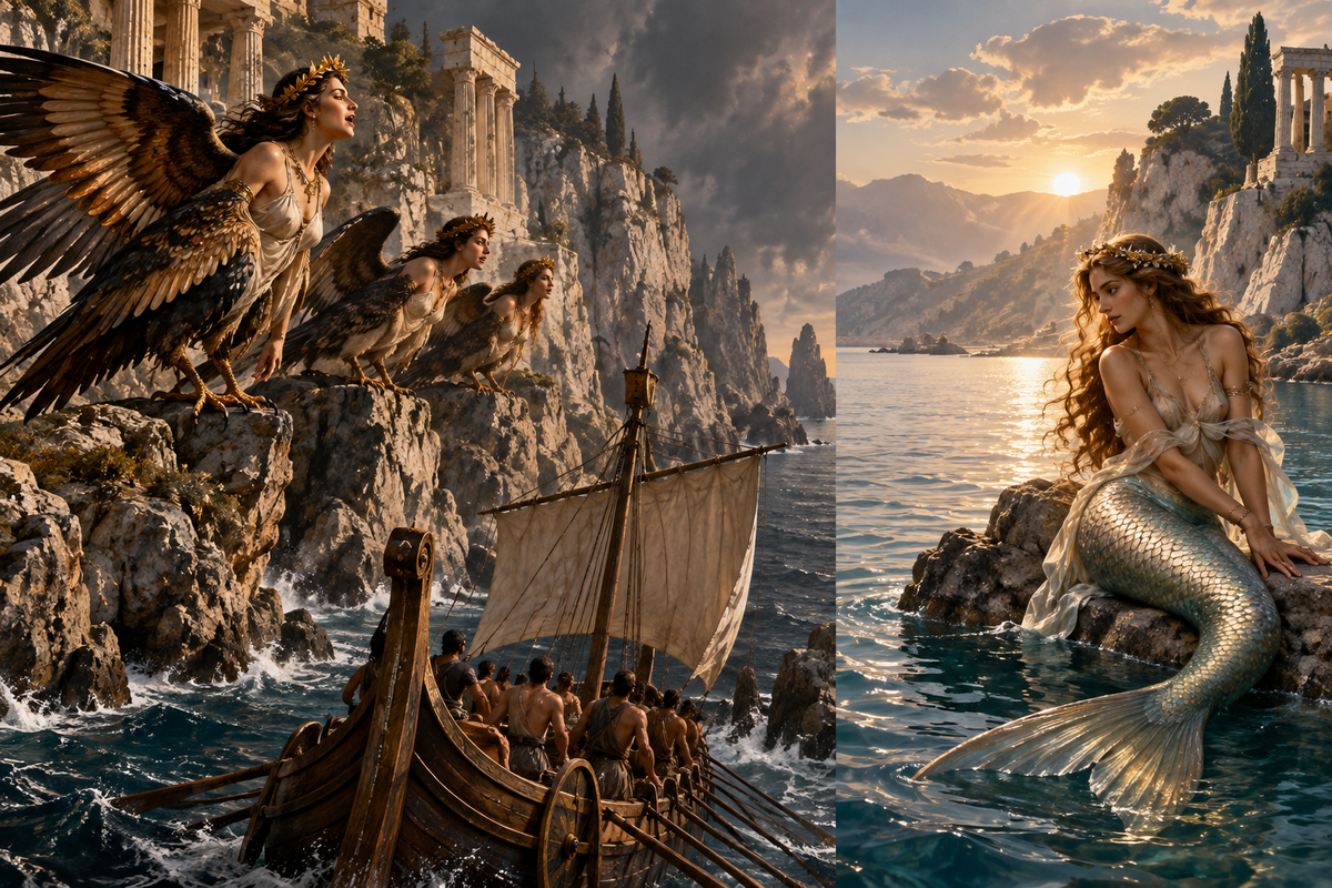 Sirens and mermaid imagery contrasted at a mythic Mediterranean coast, showing bird-bodied Sirens beside a fish-tailed mermaid