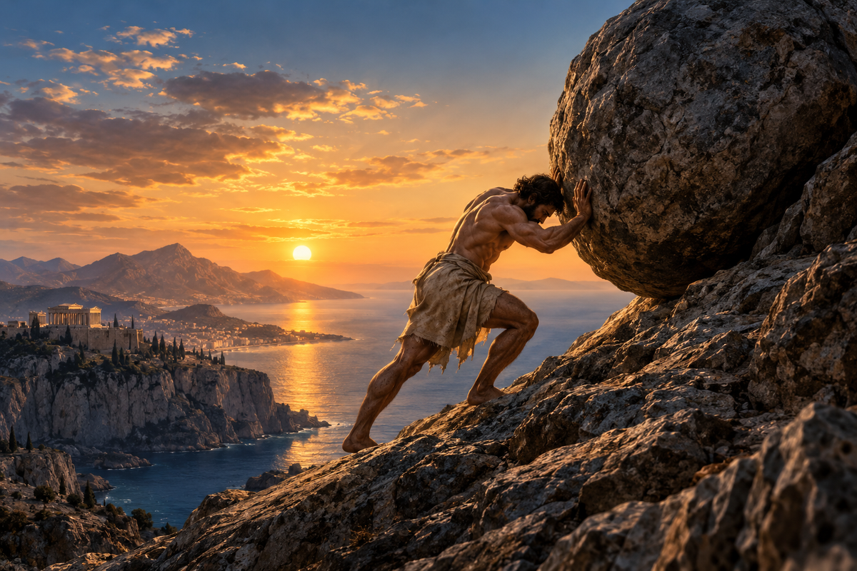 Myth-inspired Sisyphus pushing a colossal boulder up a steep rocky mountain at sunset