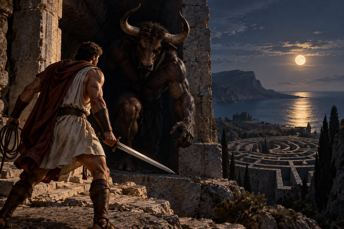Theseus confronting the Minotaur at the entrance to an ancient stone labyrinth under moonlight