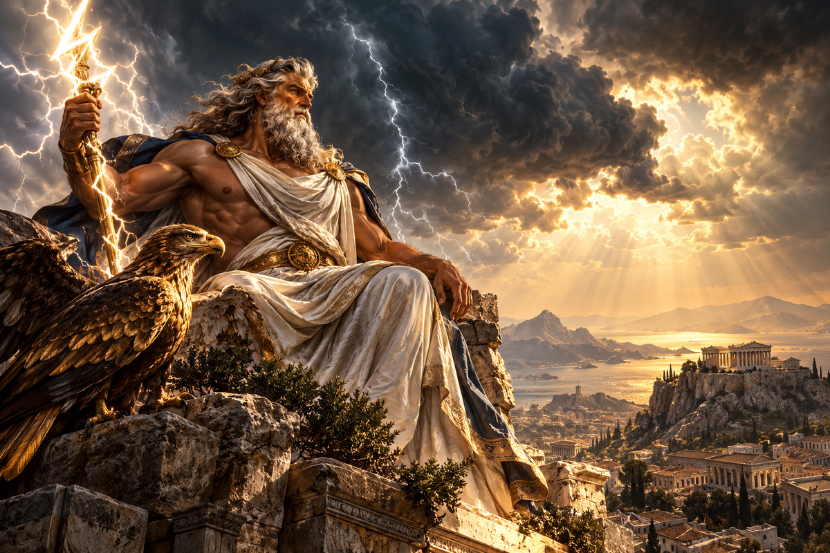 Zeus, king of the Greek gods, holding a lightning bolt beside an eagle above the ancient world