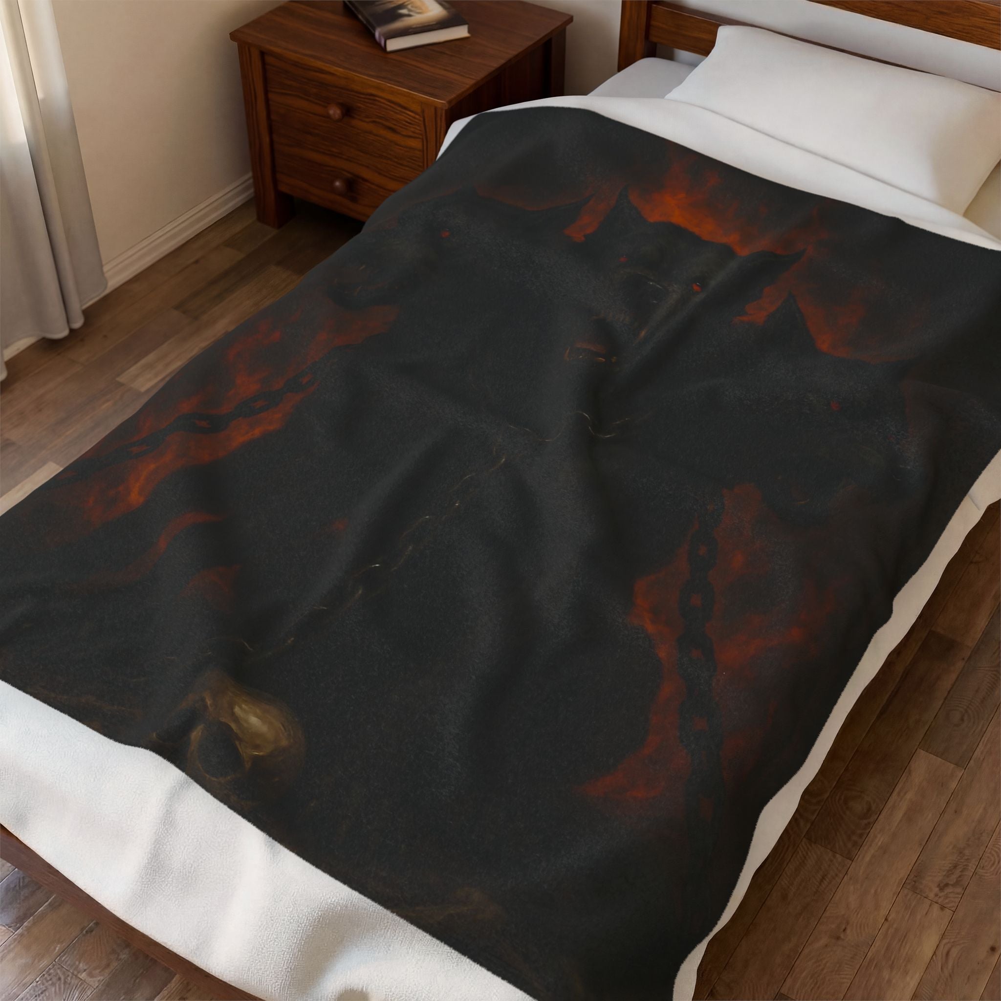 Cerberus plush blanket — shown in a styled setting