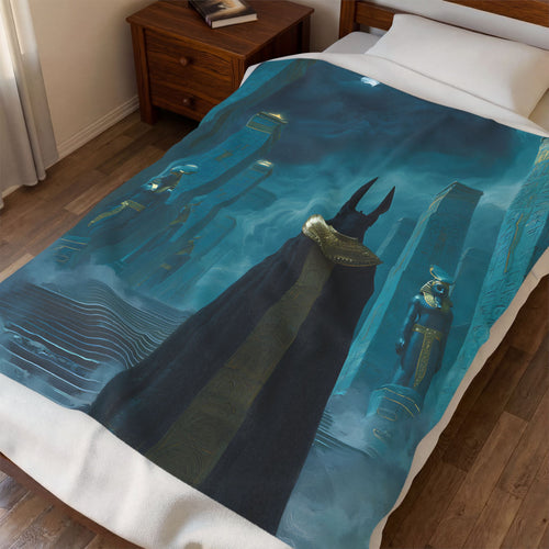 Anubis plush blanket — shown in a styled setting