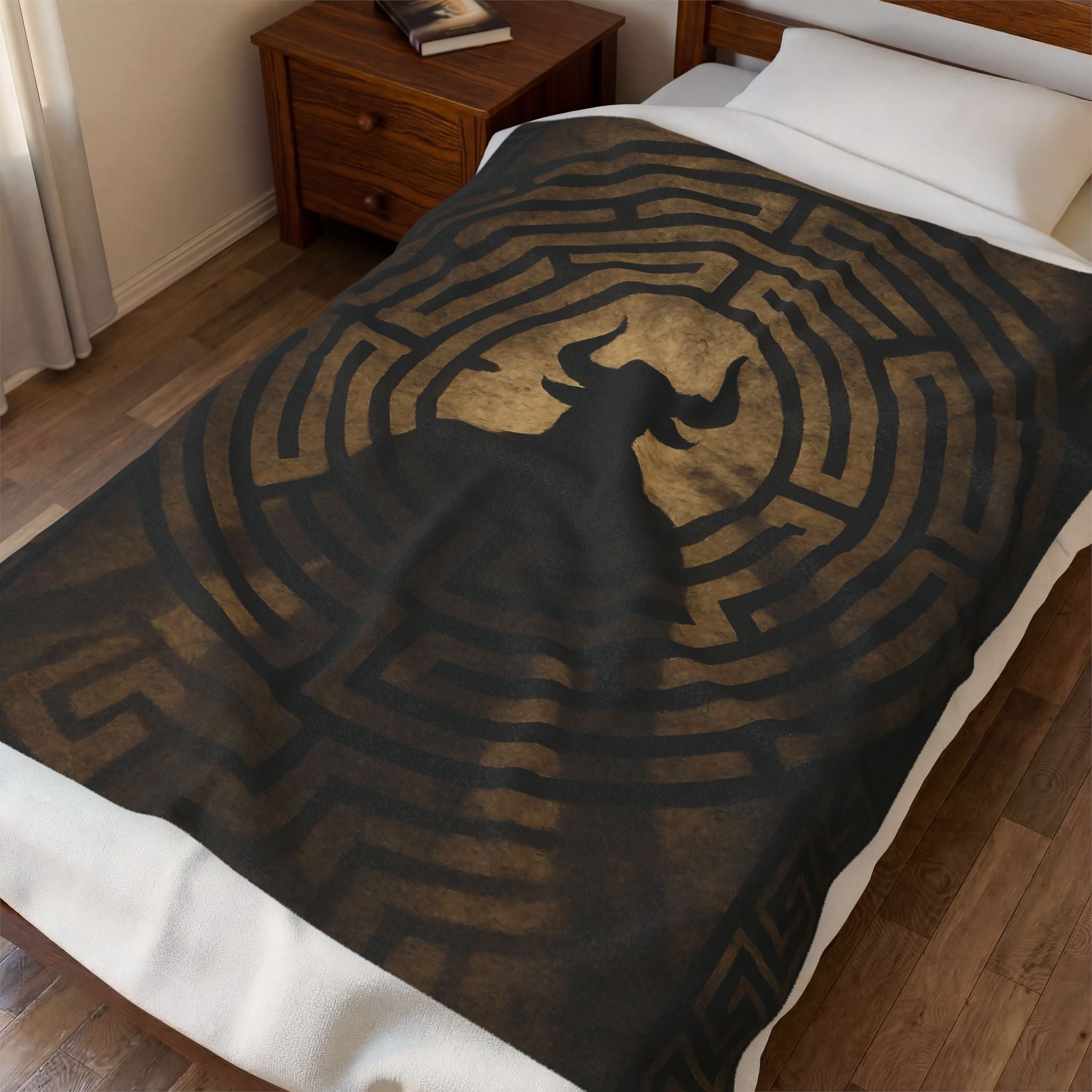 Minotaur plush blanket — shown in a styled setting