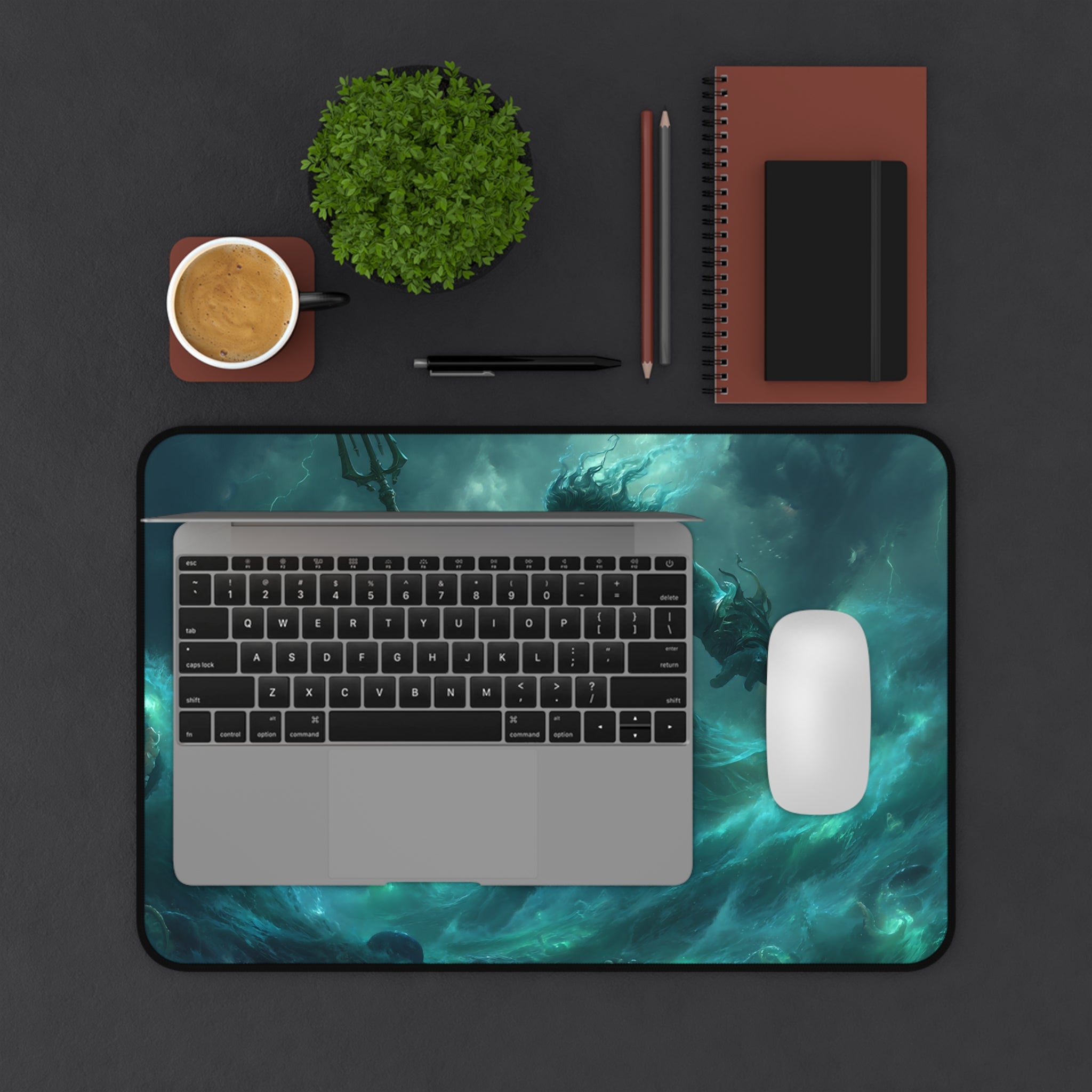 Poseidon desk mat — shown in a styled setting
