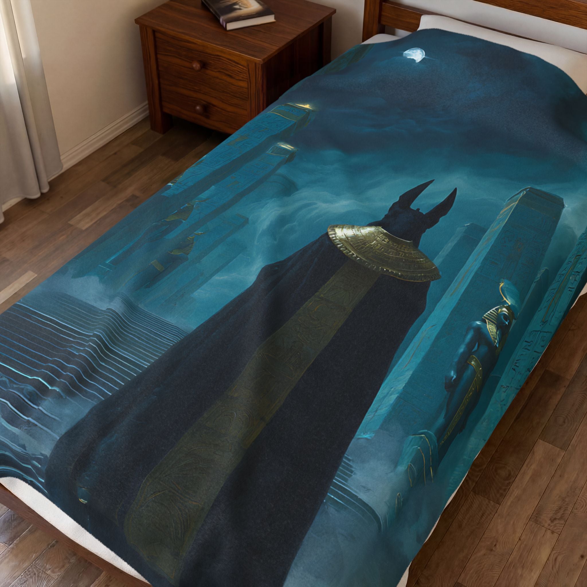 Anubis plush blanket — close-up of the printed artwork
