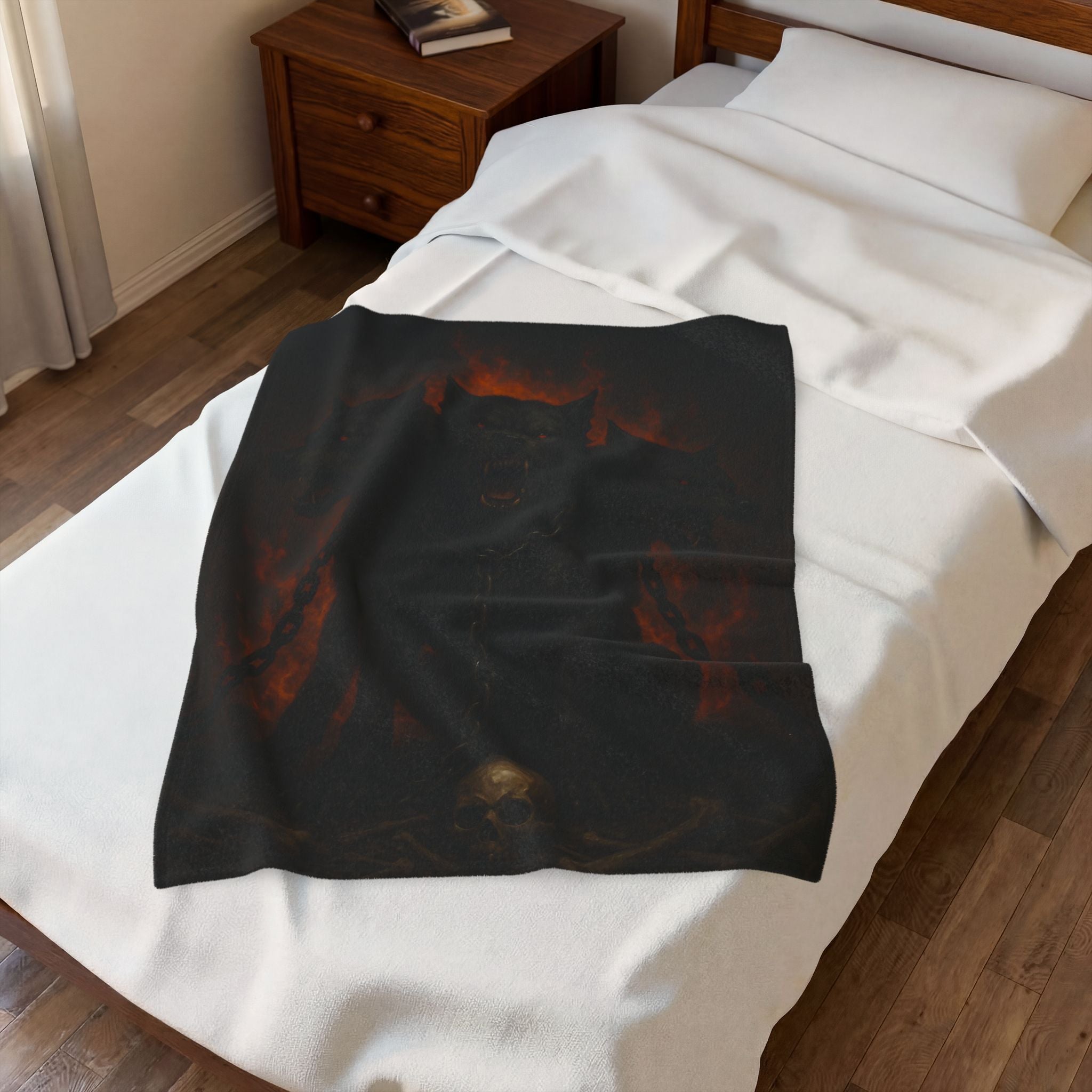 Cerberus plush blanket — close-up of the printed artwork