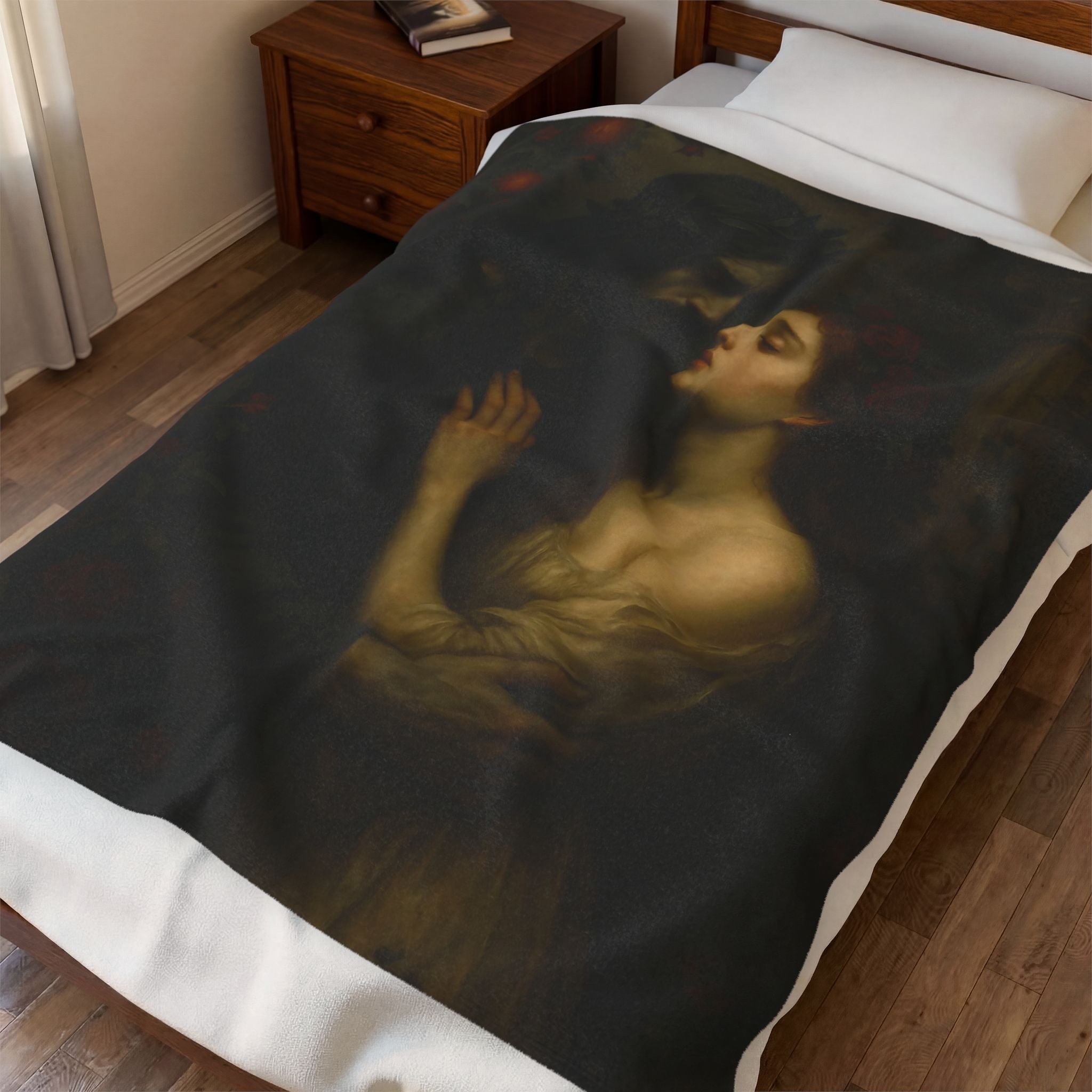 Hades & Persephone plush blanket — shown in a styled setting