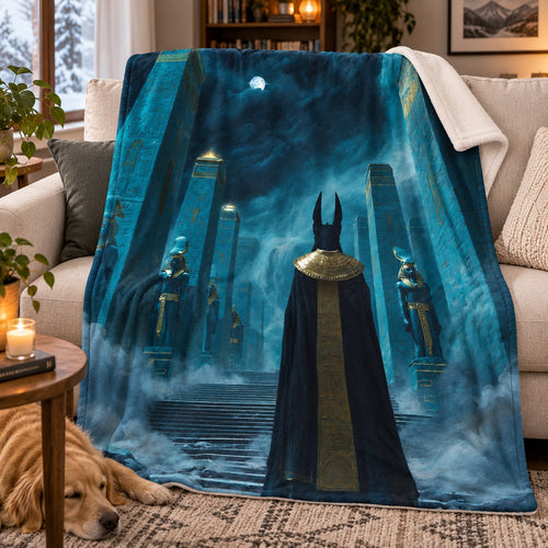 Anubis plush blanket showing the jackal-headed god in a hieroglyph robe on temple steps between glowing blue obelisks under a moonlit night sky