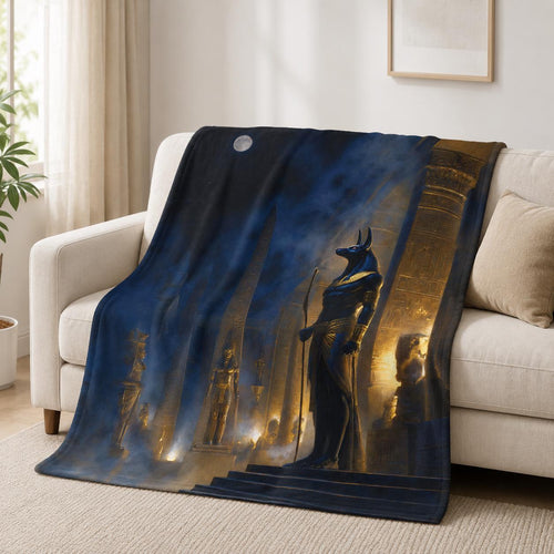 Anubis plush blanket depicting the god of the afterlife holding a staff before a golden temple at night, draped over a sofa