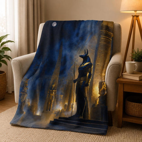 Anubis plush blanket showing the moonlit Anubis statue among obelisks and hieroglyph columns, draped over an armchair