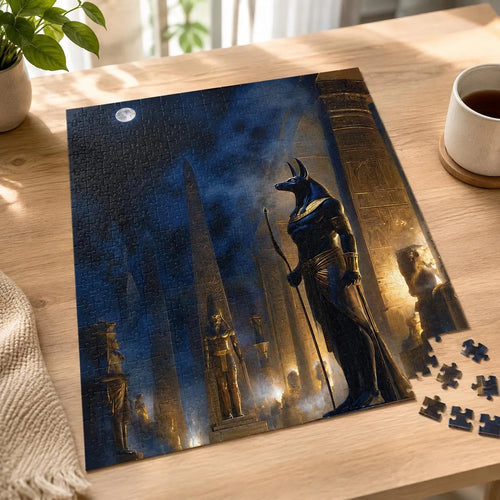 Anubis Egyptian mythology jigsaw puzzle showing the jackal-headed god as a moonlit statue among temple obelisks