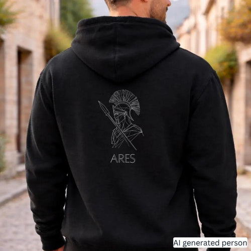 Ares Greek mythology hoodie in black, back print of a line-art warrior in a crested helmet holding a spear