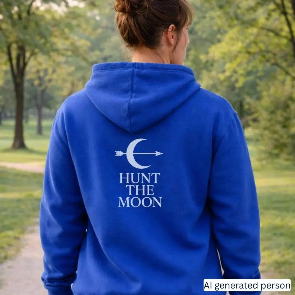 Artemis Hunt the Moon Greek mythology hoodie in royal blue, back print of a crescent moon and arrow with the words Hunt the Moon