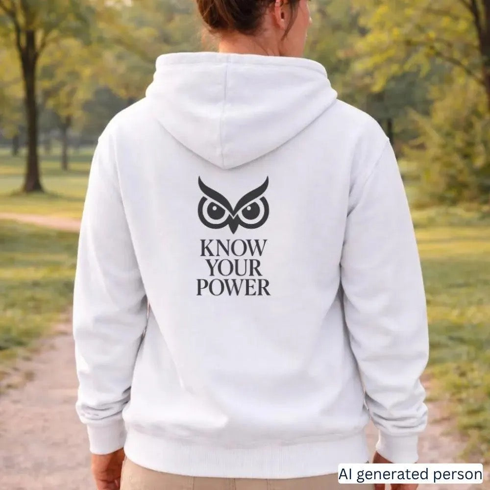 Athena Know Your Power Greek mythology hoodie in white, back print of owl eyes with the words Know Your Power