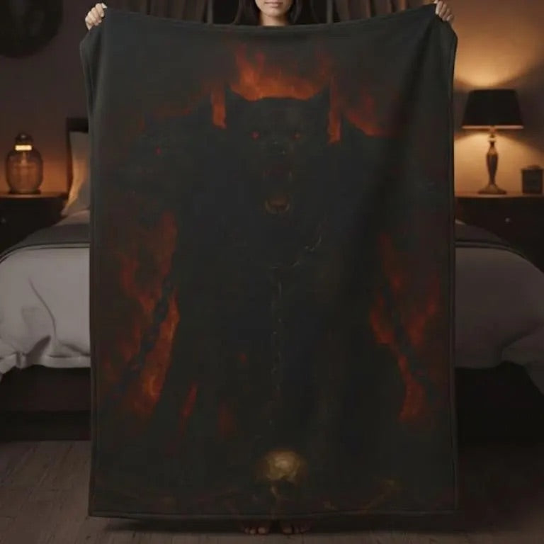 Cerberus plush blanket showing the three-headed hound of Hades wreathed in fire on a dark fleece throw