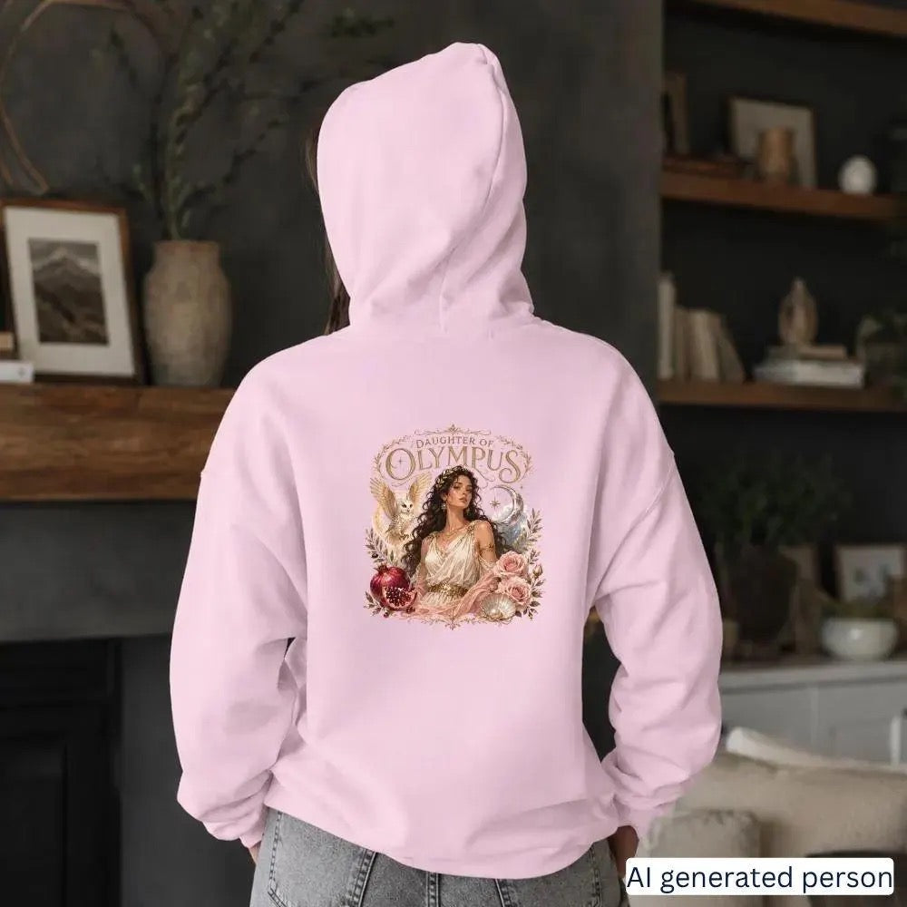 Daughter of Olympus Greek mythology hoodie in pink, back print of an illustrated goddess with an owl, pomegranate and moon